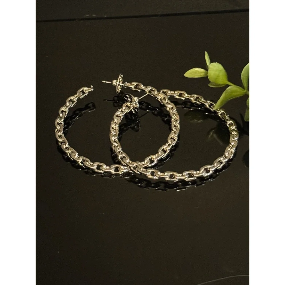 Tory Burch Silver Tone Chain Link Hoop Earrings Large Statement Post Backs